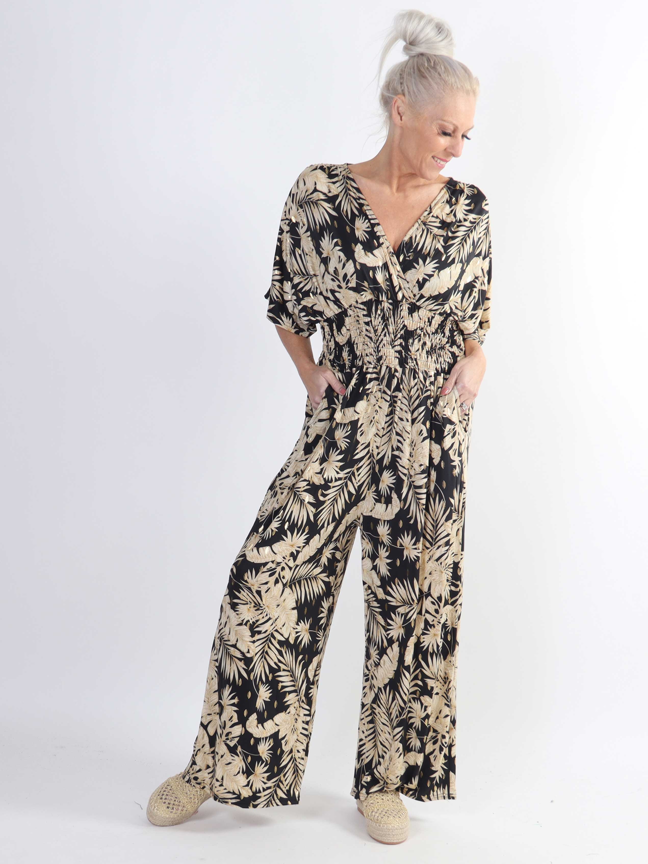 Pams Gold Leaf Jumpsuit - Jumpsuit med resår och bladmönster i stora storlekar - Navy